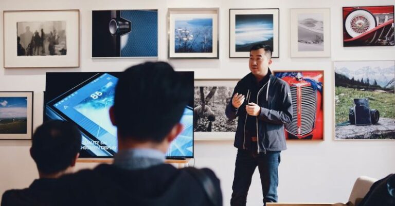 Presentations - Man Beside Flat Screen Television With Photos Background