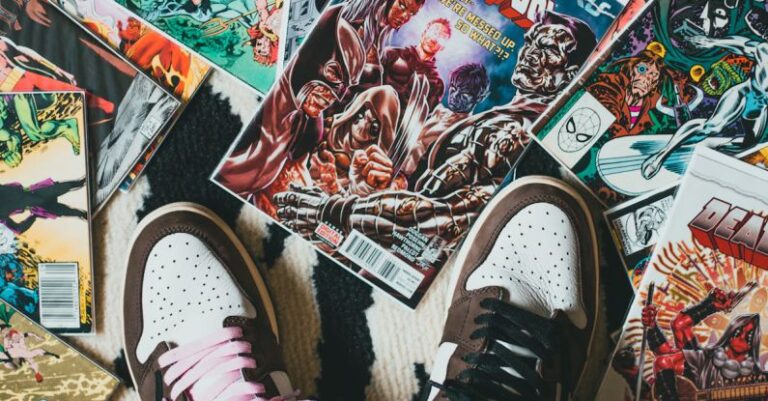 Illustration Trends - From above of crop unrecognizable person wearing sneakers standing on stack of collection of comics books with bright illustration on covers